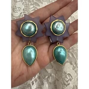 Vintage 80s Rare Star Drop Dangle Earrings Jade Tone Acrylic Teardrops Statement
